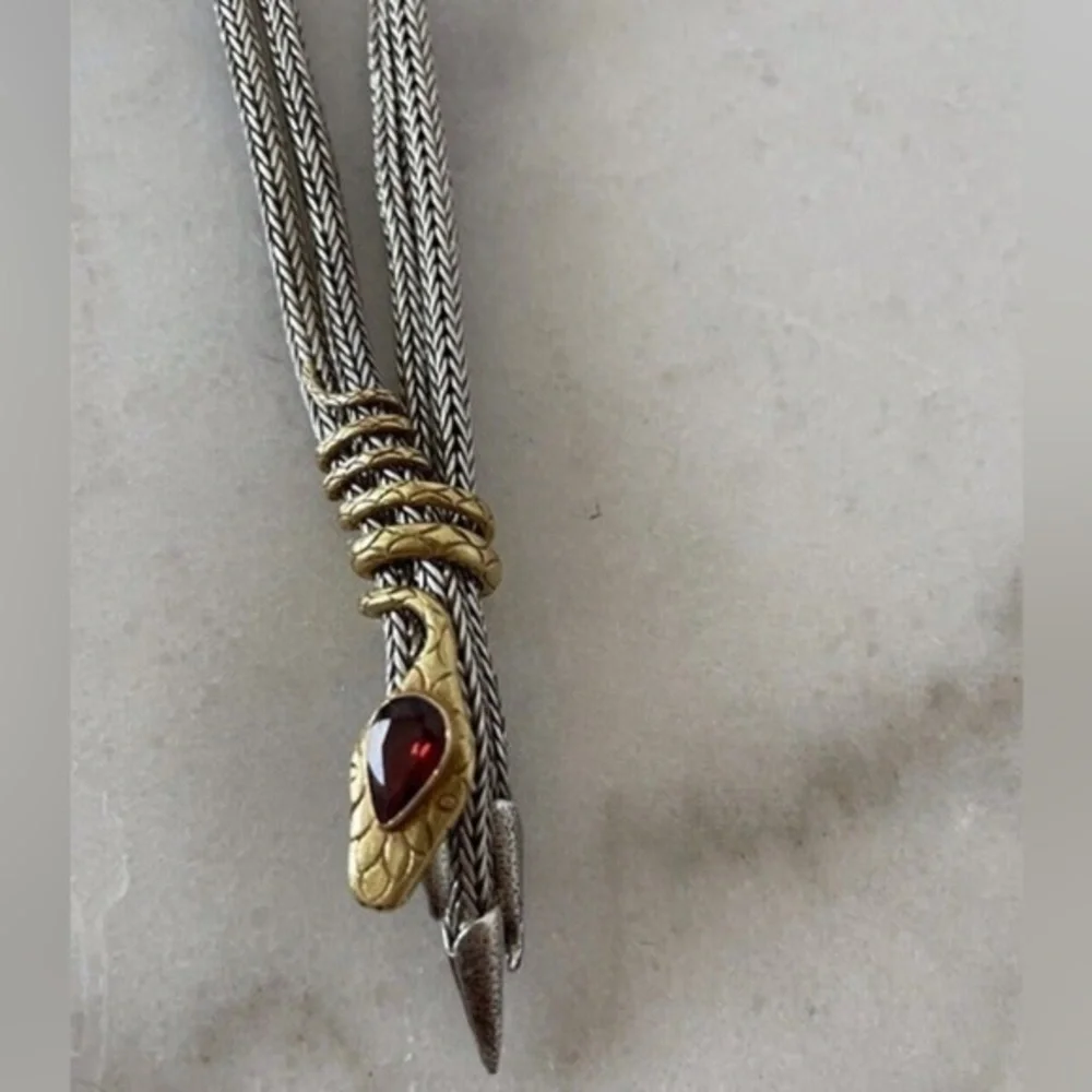 Handcrafted Bali Spiral Snake Necklace-Sterling Silver, Garnet & 22K Gold Accent